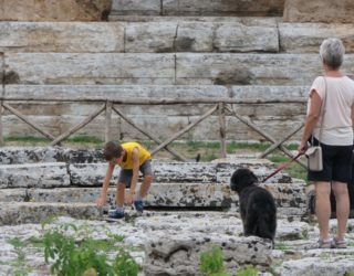 Jongetje dat speelt naast de tempels van Paestum