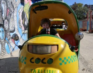 Wolf in een coco taxi in Havana tijdens elektrische fietstocht in Havana