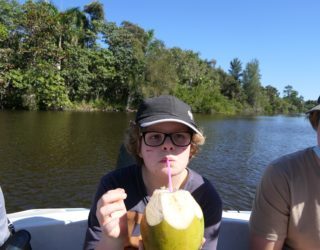 Wolf drinkt kokosnoot op boot vanuit indianeneiland