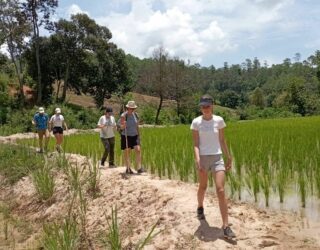 Wandelen met kinderen tussen de rijstvelden in Mae Wang National Park