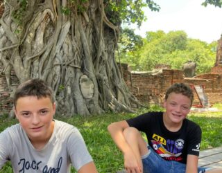 Kinderen aan de Boeddha in boom in Ayutthaya