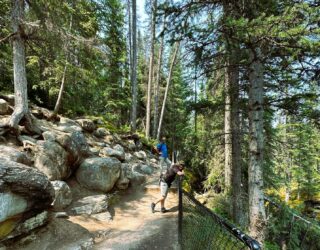 Papa en zoon in de bossen van Maligne Canyon