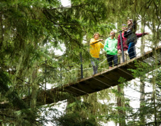 Gezin op houten hangbrug in Whistler