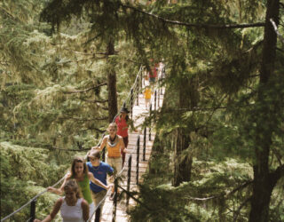 Families wandelen over houten hangbrug in Whistler