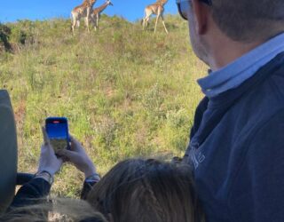 Papa en kind spotten giraffen vanuit de jeep