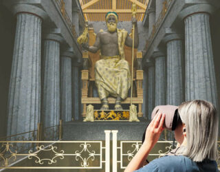 Vrouw ontdekt het Heiligdom van Zeus in Olympia met virtuele bril