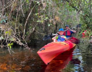 Vader en zoon kajakken tussen de alligators in de Everglades