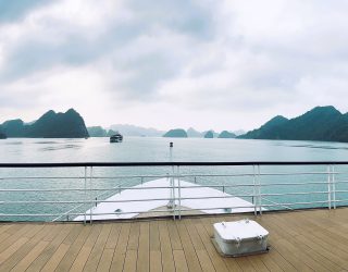 Cruisen with a view vanop het dek door Halong Bay Vietnam