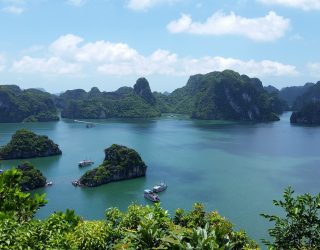Groene karstgebergten in Halong Bay
