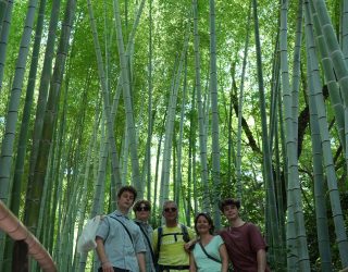 Gezin van Liesbeth in bamboebos Japan