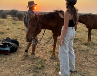 Tiener aait paard in Namibië