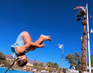 Familie D'Hoker bij het zwembad in West USA